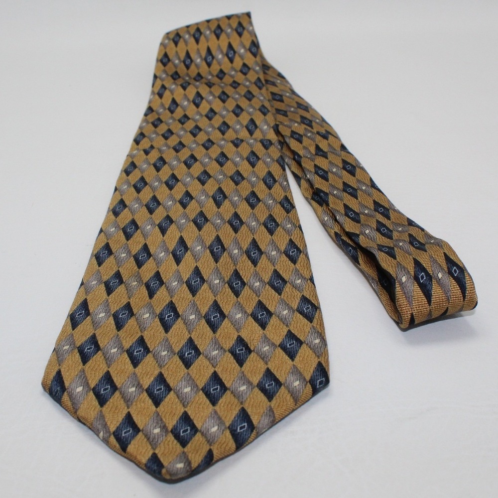 Keith Daniels Mens Silk‎ Tie Gold Navy Blue Harlequin Diamond Pattern Handmade